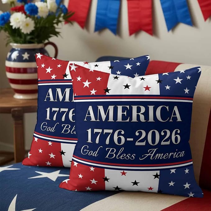 America 250th Anniversary Outdoor Pillow Covers 26"x26" Set of 2, God Bless America Patriotic Star Strip Waterproof Throw Pillow Covers for Patio Furniture, Decorative Cushion Covers for Porch