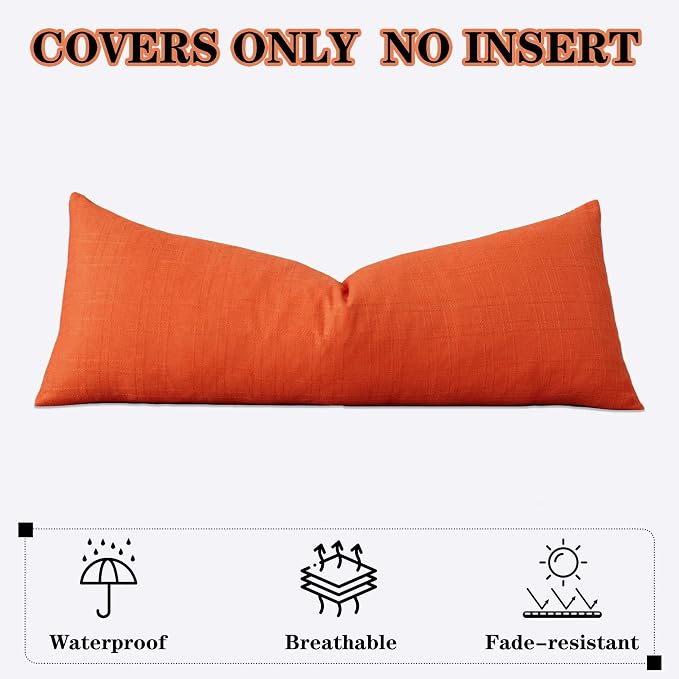 Kevin Textile Outdoor Waterproof 14”x36” Pillow Cover 1 Pack, Orange | Water Resistant, Soft Faux Linen-cotton Yarn-dyed Woven Texture Throw Pillow Covers for Tent Patio Garden Couch Sofa