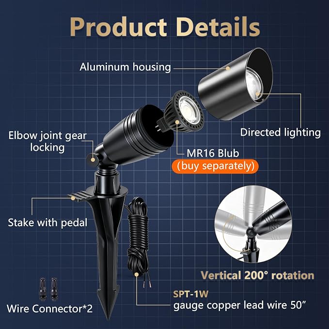 Low Voltage Landscape Lighting,Outdoor Spotlights 12V Uplights | IP65 Waterproof,Die-cast Aluminum,200°Adjustable,Without MR16 Bulb,Heavy Duty Spot Light for Tree Garden Yard Pathway,1Pack