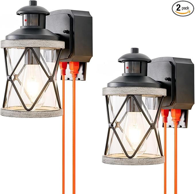 Dusk to Dawn Motion Sensor Outdoor Porch Light with GFCI Outlet,3 Lighting Modes Anti-Rust Waterproof Industrial Outdoor Lantern,Exterior Work lights Rustic Wood-Like Finish Wall Light (White, 2 Pack)