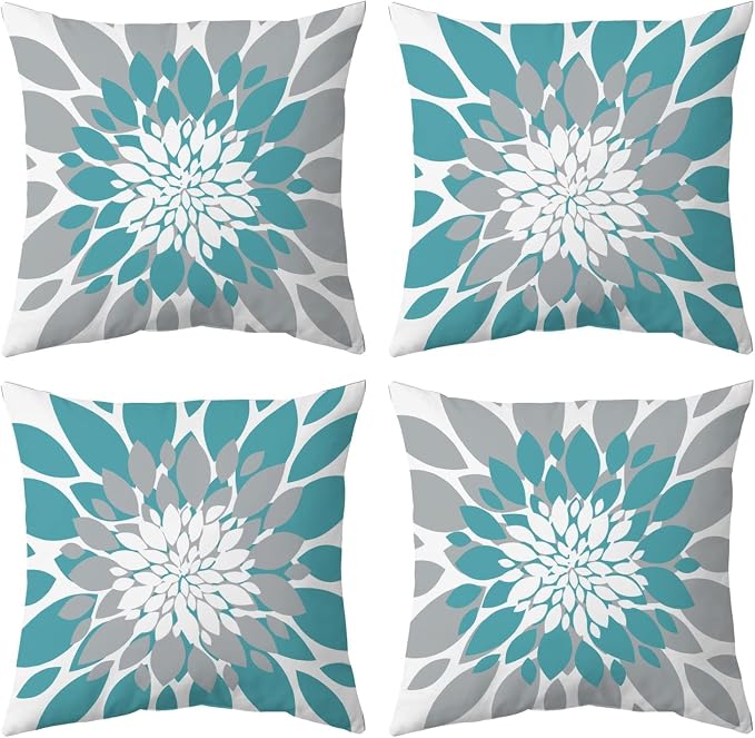 Pack of 4 Outdoor Waterproof Pillow Covers 18x18 Decorative Outdoor Throw Pillows Garden Square Cushion Cases for Patio Furniture, Couch, Tent Sunbrella, Bench, Teal Turquoise Grey