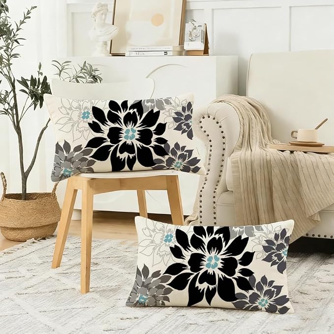 Waterproof Black and Gray Dahlia Floral Outdoor Pillow Covers 12x20 Inch, Decorative Spring Summer Cushion Cases for Living Room Sofa Patio Garden Porch