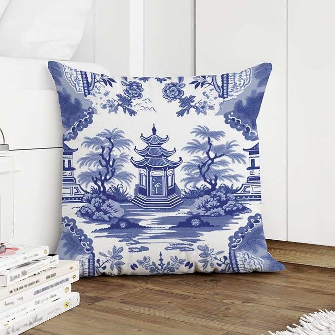 Pillowcase Chinoiserie Blue Asian Pagoda Pillows Rustic Chinoiserie Chic Asian Pillow Cover Accent Modern Decorative Pillow Covers for Patio Tent Couch 20x20 in