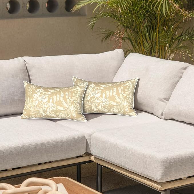 LVTXIII 2 Pack Outdoor Lumbar Pillows 12x20 Inch with White Piping, Fade Resistant Support Throw Pillows with Inserts for Patio Furniture, Sofa, Chair, Tropical Leaf Oat