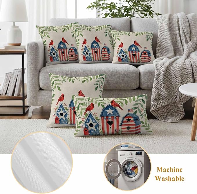 American Flag Bird House Outdoor Pillow Covers Waterproof, All Weather Cushion Case Set of 2, Green Eucalyptus Beige 250th Decorative Pillowcases for Sofa Couch Bed Decor Patio Furniture 18"x18"