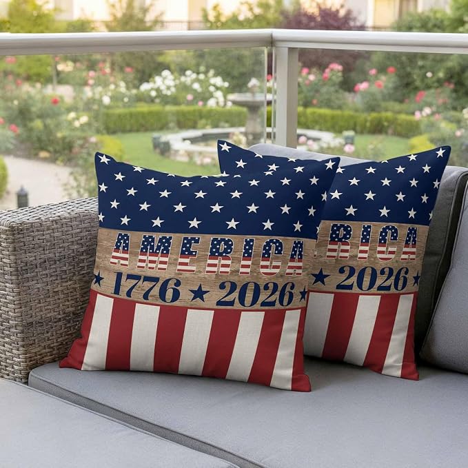 250th Anniversary Outdoor Pillow Covers 26"x26" Set of 2, Waterproof Throw Pillow Covers for Patio Furniture, USA Flag Red Striped Blue Star Retro Decorative Cushion Covers for Porch