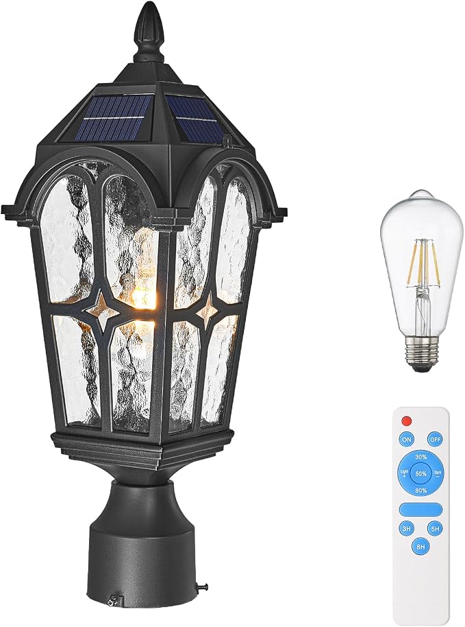 Solar Post Light Outdoor, 17.3 Inch Dusk to Dawn Pier Mount Lamp, Sand Black Aluminum with Seeded Water Ripple Glass, Waterproof Solar Pole Light Fixture for Garden Yard Pillar Patio