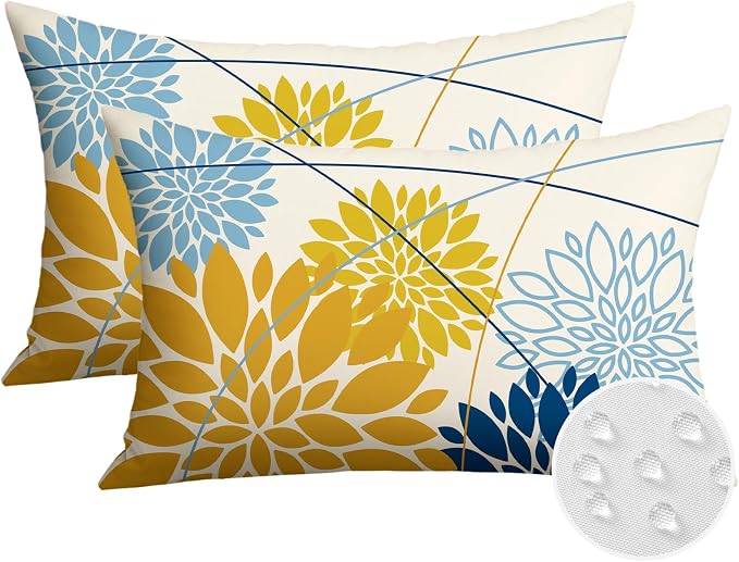 OTOSTAR Outdoor Yellow Light Blue Pillow Covers 12x20 Inch Set of 2 Dark Blue Flower Throw Pillows Farmhouse Geometric Dahlia Floral Lumbar Cushion Case Waterproof Decor for Sofa Patio Funiture Garden