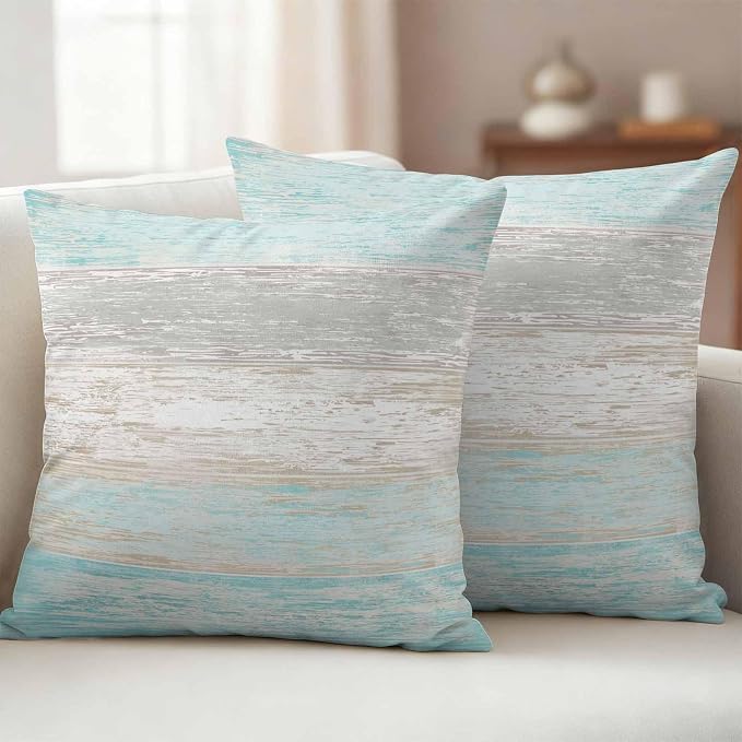 Outdoor Waterproof Throw Pillow Covers, Vintage Teal Grey Decorative Pillow Cases, Farmhouse Barn Wooden Striped Couch Pillow Protector Patio Sofa Cushion Covers Replacement 24"x24" 2 Pack
