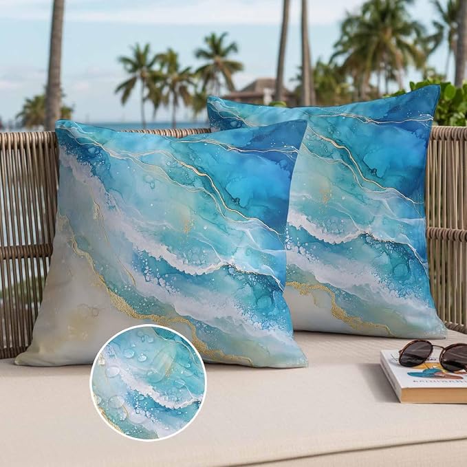Abstract Waves Outdoor Waterproof Throw Pillow Covers Set of 2, 26"x26", Surrealism Spray Beach Ocean Watercolor Decorative Pillow Covers Outside Cushion Case for Patio Porch Garden