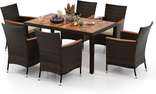 HAPPYGRILL 7 Pieces Rattan Wicker Patio Dining Set, Outdoor Dining Set with Cushions, Large Dining Table with Acacia Wood Top, Outside Dining Furniture Set with Umbrella Hole