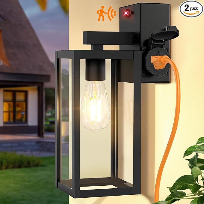 Upgraded Motion Sensor Outdoor Wall Light with Outlet, Black | UL-listed Extra Power Socket, Auto ON/OFF, 3 Lighting Modes, Waterproof, Rust-Resistant, Durable Metal & Clear Glass
