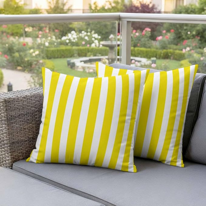 Yellow Striped Outdoor Waterproof Throw Pillow Covers 16x16 Set of 2, Modern Farmhouse Yellow White Stripes Decorative Pillowcases Cushion Pillowcase for Couch Sofa Patio Outside Pillow Protector