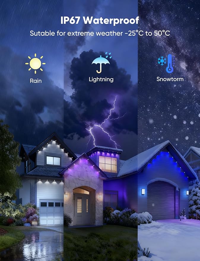 RGBW Permanent Outdoor Lights 400ft, 40LM, with 288 LED Bulbs, Black | IP67 Waterproof, 111 Scene Modes, 2700K Warm White, Music Sync, Individual Control, Eave Lights Compatible with Alexa