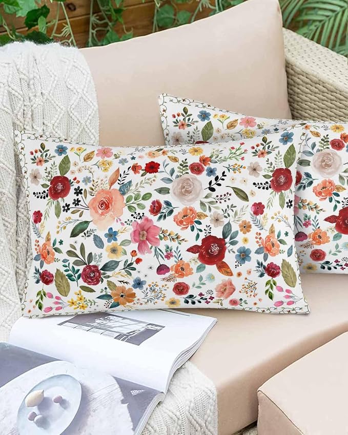 Vandarllin Outdoor Throw Pillows Covers 20x12 inch Set of 2 Waterproof Cream Floral Decorative Zippered Cushion Covers for Patio Furniture, Farmhouse Vintage Flower Lumbar Pillowcases