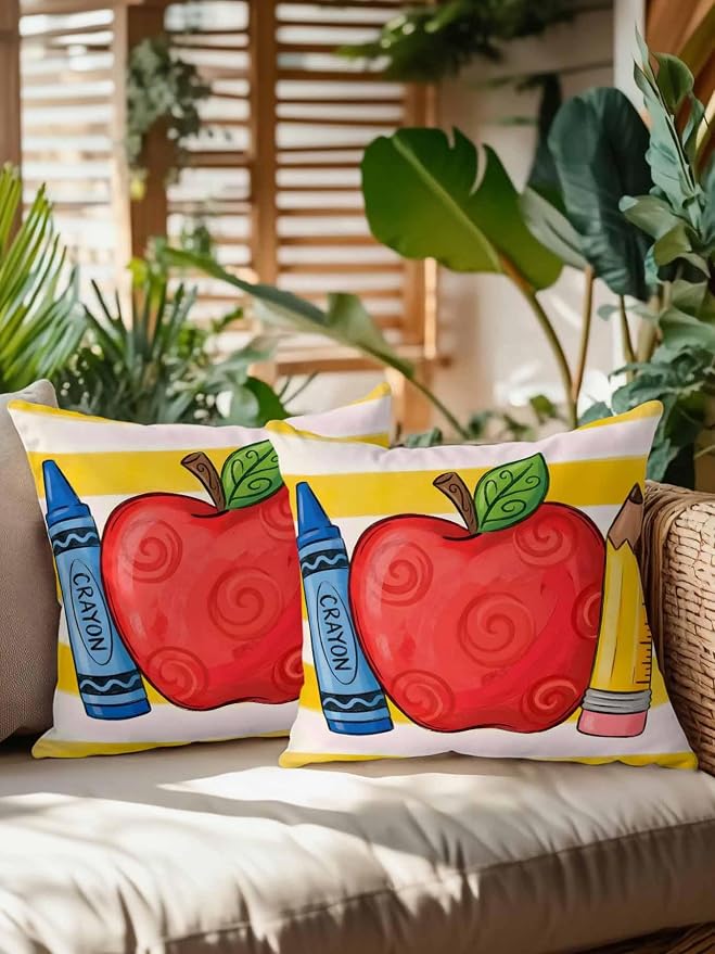 Outdoor Throw Pillow Set of 2, Children's Day Waterproof Pillow with Insert Included, Funny Cartoon Pencil Yellow Striped Decorative Accent Cushion Sofa Pillows for Patio Porch, 18 x 18 in