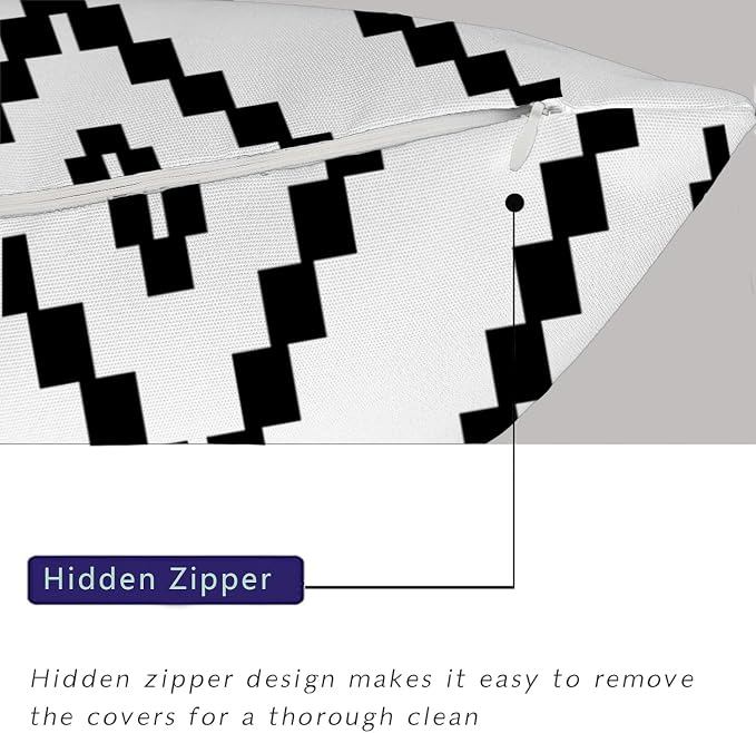 Outdoor Pillow Covers Waterproof, 12x20 Inches, Outdoor Boho Lumbar Throw Pillow Cases Decorative Pillows for Couch Patio Furniture Polyester Linen, White More (Black&white-02, 12x20 Inch)