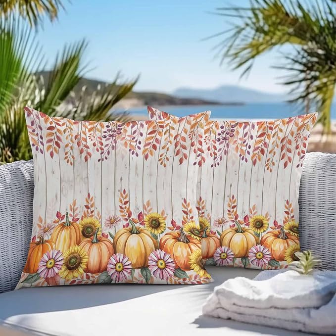 Orange Pumpkins Outdoor Waterproof Pillow Covers, Eucalyptus Leaves Sunflowers Wood Grain Decorative Square Throw Pillowcase Sofa Cushion Sham for Patio/Couch/Chair, 26"x26" 2 Pack