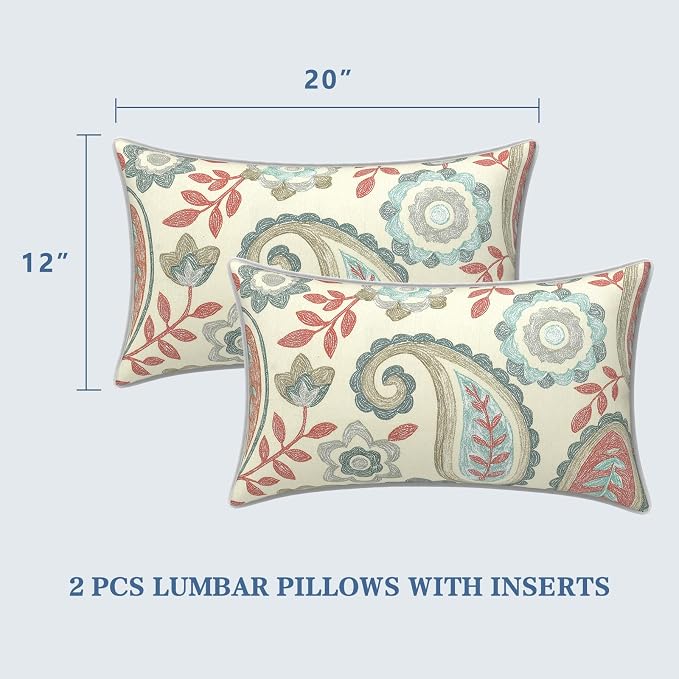 LVTXIII 2 Pack Outdoor Lumbar Pillows 12x20 Inch with White Piping, Fade Resistant Support Throw Pillows with Inserts for Patio Furniture, Sofa, Chair, Paisley Vintage