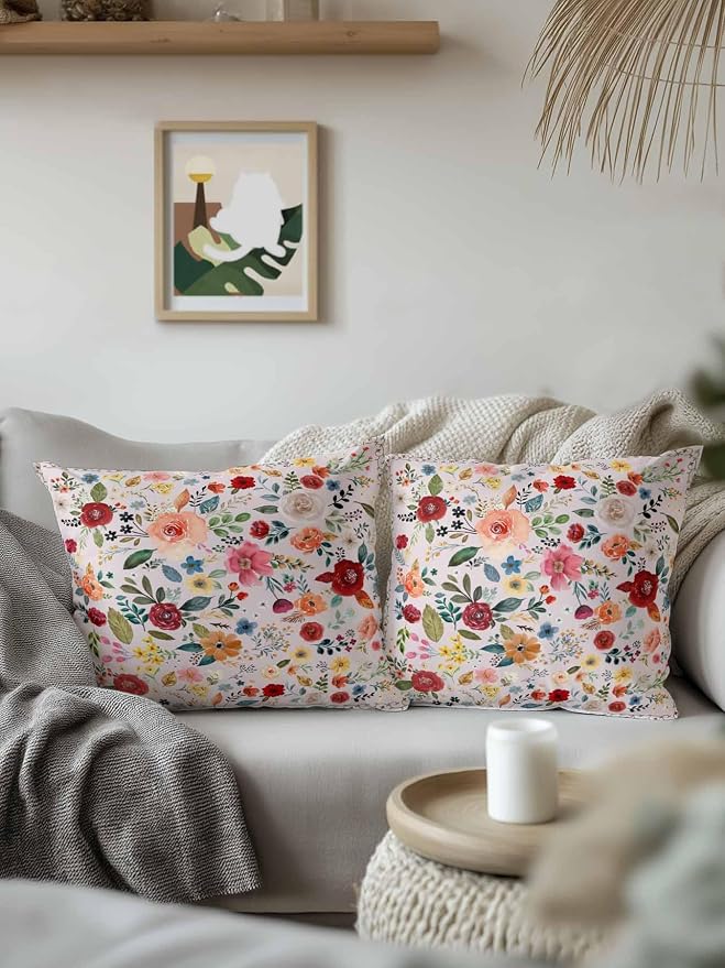 Outdoor Waterproof Throw Pillows Watercolor Leaf Colorful Bloom Floral Patio Pillows Pack of 2,Decorative Pillow Covers with Insert,Pillow Cushion Case for Garden Couch Sofa Vintage Country on Pink