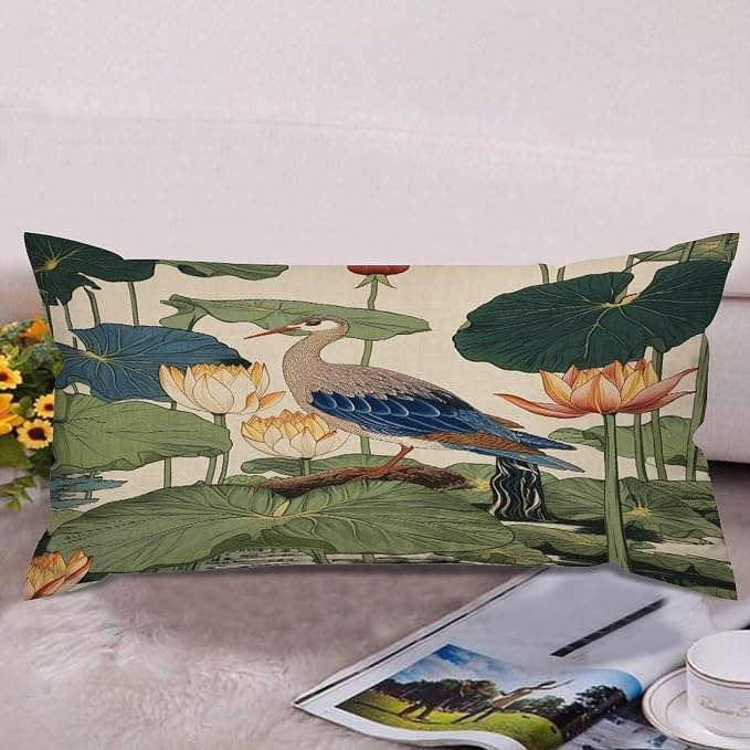Zipped Pillow Cases for Home Decor Chinese Pond Bird Throw Pillow Cover Set of 2 Farmhouse Cushion Cover Cases for Living Room Club Home Decor 12x24in
