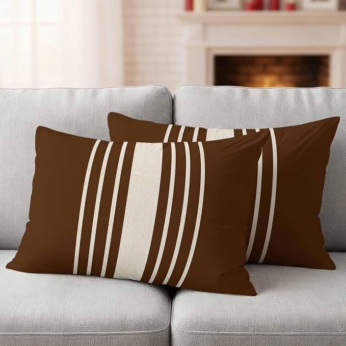 Brown Beige Striped Outdoor Pillow Covers 20x12 Inch Lumbar Pillow Covers Set of 2 Waterproof Decorative Throw Pillow Cases Modern Farmhouse Retro Lines Cushion Covers for Patio Furniture Garden Couch