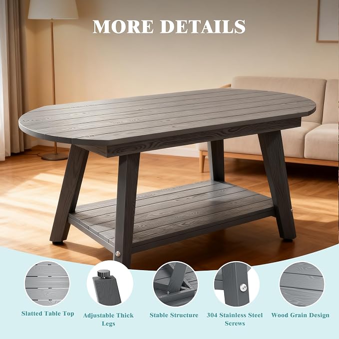 HIPS Outdoor Patio Furniture Coffee Table, All-Weather Outdoor Coffee Table, Modern Rectangle Coffee Table for Balcony, Garden, Slanted Leg