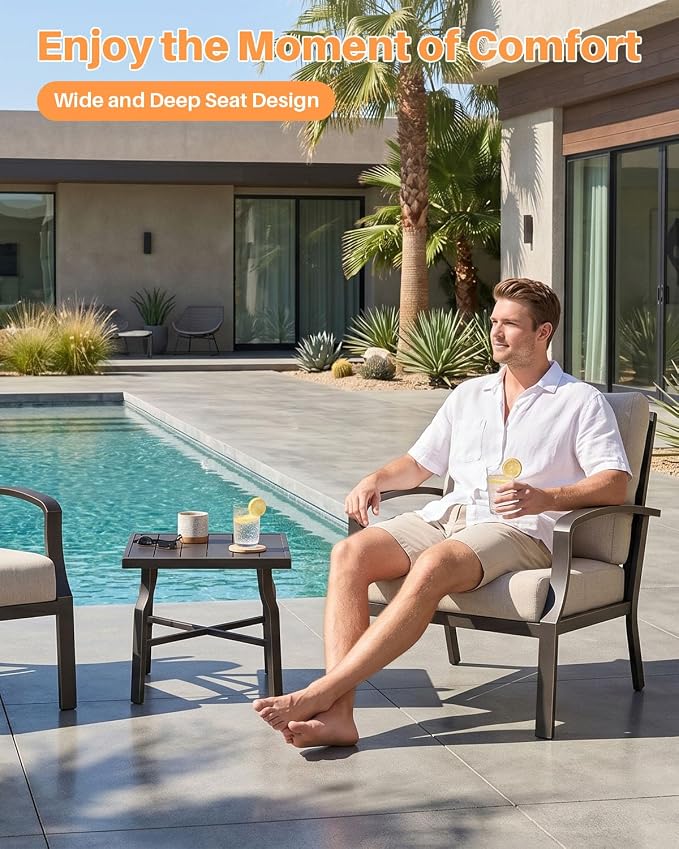 3-Piece Outdoor Furniture Set, Never-Rust Aluminum Patio Sofa Set with 2 Deep-Seating Sofa Chairs and Side Table, Patio Conversation Set with Cushions for Backyard, Deck, Poolside, Dark Bronze