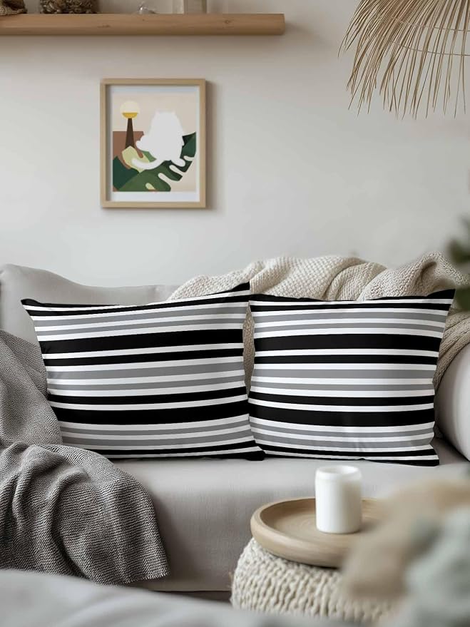 Outdoor Waterproof Throw Pillows Classic Gray Black Striped Patio Pillows,Decorative Pillow Covers with Insert,Pillow Cushion Case for Garden Couch Sofa Minimalist Lines