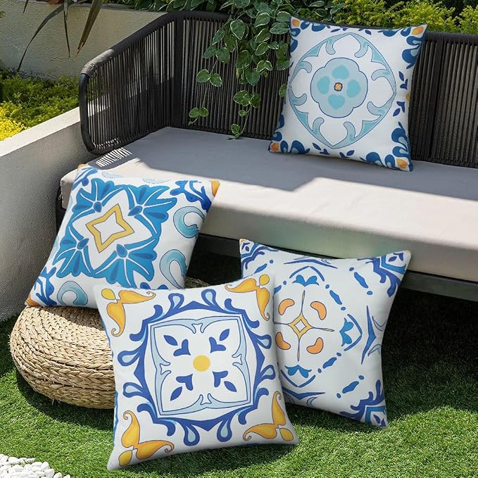 JASEN Outdoor Waterproof Pillow Covers, Blue Floral Outdoor Throw Pillow Cover Set of 4, Boho Double-Sided Decorative Outside Throw Pillows for Patio Furniture Porch Garden Couch