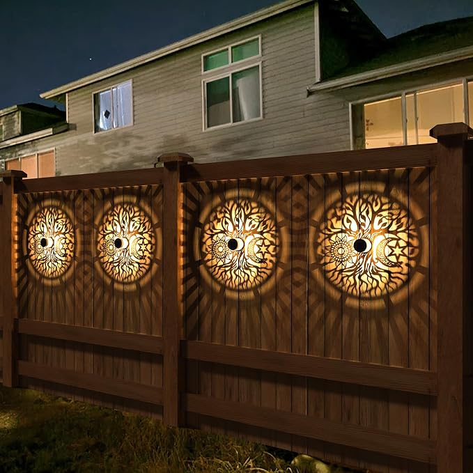 gardencave 4 Pack Solar Fence Lights Metal Solar Powered Outdoor Wall Deck Step Lights Tree Theme Waterproof Fence Light for Garden Post Patio Backyard Yard Decor (Tree, 4 Pack)