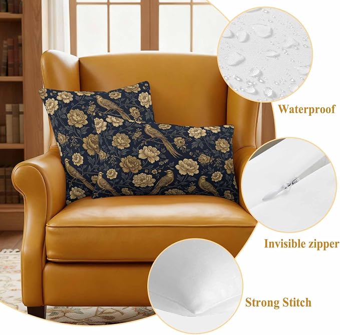 Vintage Gold Navy Blue Floral Outdoor Pillow Covers 24"x24" Set of 2, Bird Peony Flower Traditional Waterproof Throw Pillow Covers for Patio Furniture, Decorative Cushion Covers for Porch