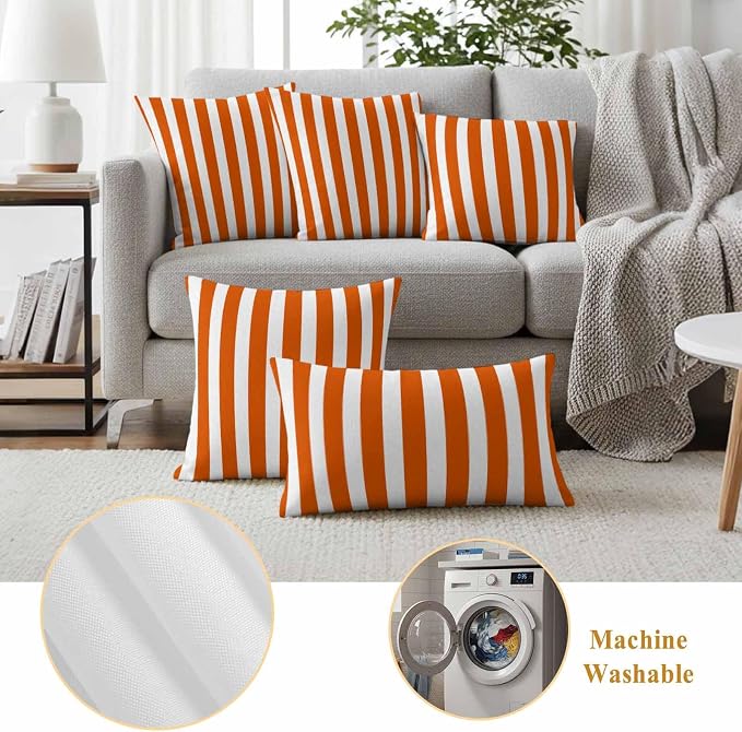 Burnt Orange Striped Outdoor Waterproof Throw Pillow Covers 20x12 Set of 2, Thanksgiving Orange White Stripes Decorative Pillowcases Cushion Pillowcase for Couch Sofa Patio Outside Pillow Protector