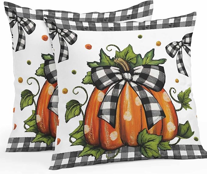Orange Pumpkins Outdoor Waterproof Pillow Covers, Polka Dot Bow Fall Maple Leaves Plaid Decorative Square Throw Pillowcase Sofa Cushion Sham for Patio/Couch/Chair, 16"x16" 2 Pack