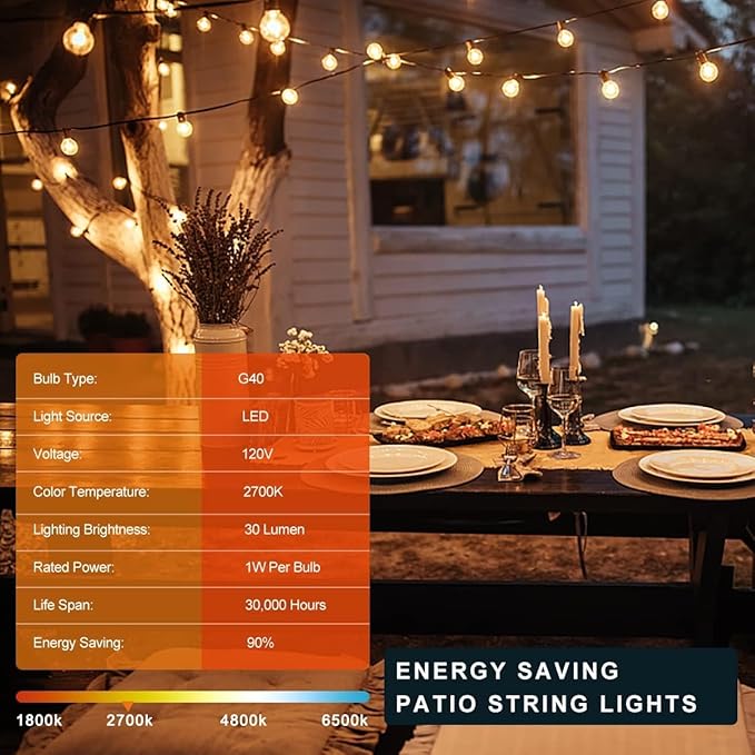 Kawaya G40 Outdoor String Lights 100FT IP65 Waterproof 2700K Patio Light | IP65 50+2 Shatterproof Edison Globe Blubs, 2700K Warm White for Garden Porch Fence Camping Party Backyard Deck Bistro Balcony