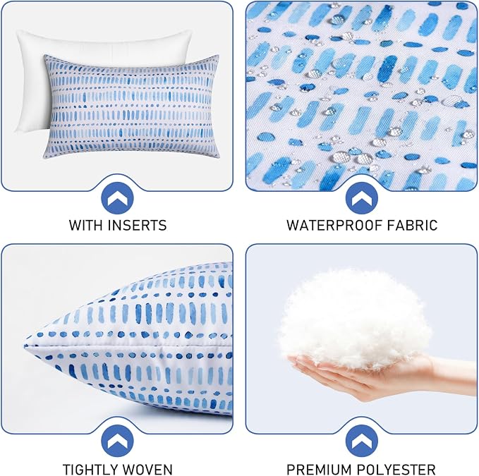 Pack of 2 Outdoor Pillows, 12x20 Outdoor Lumbar Pillows Waterproof | Outdoor Throw Pillows with Inserts, Fluffy and Supportive, Decorative Pillow for Patio and Garden, Pebble Blue