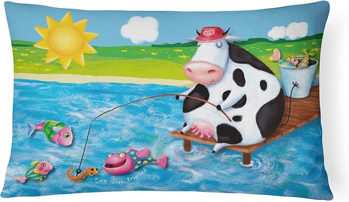 Caroline's Treasures APH0085PW1216 Cow Fishing Off of a Pier Canvas Fabric Decorative Pillow Machine Washable, Indoor Outdoor Decorative Pillow for Couch, Bed or Patio, 12HX16W