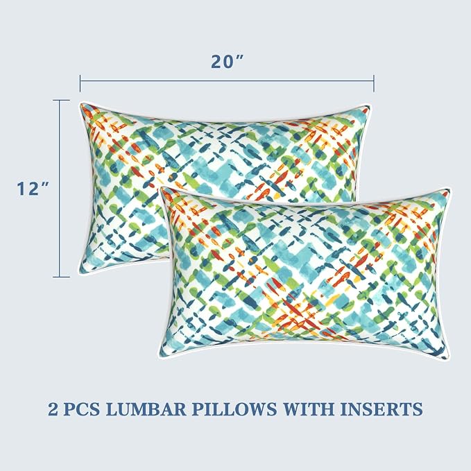 LVTXIII Set of 2 Outdoor Lumbar Pillows for Patio Furniture with White Piping, 12"x20" Fade Resistant Patio Lumbar Pillows with Inserts for Home Coach Sofa Use, Acapa Opal Geometric