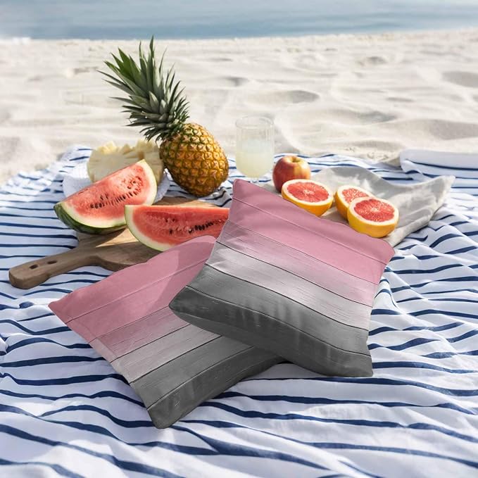 Pink Gray Outdoor Pillow Covers 18x18 Inch Throw Pillow Covers Set of 2 Waterproof Decorative Pillow Cases Vintage Country Gradient Wooden Plank Line Cushion Covers for Patio Furniture Garden Couch