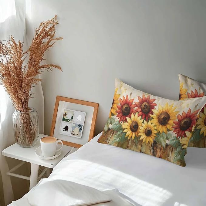 Retro Farmhouse Red Yellow Sunflower Outdoor Pillow Covers 20x12in Pack of 2 Waterproof Pillowcase Vintage Rustic Wood Floral Decorative Throw Cushion Case for Patio Couch Sofa
