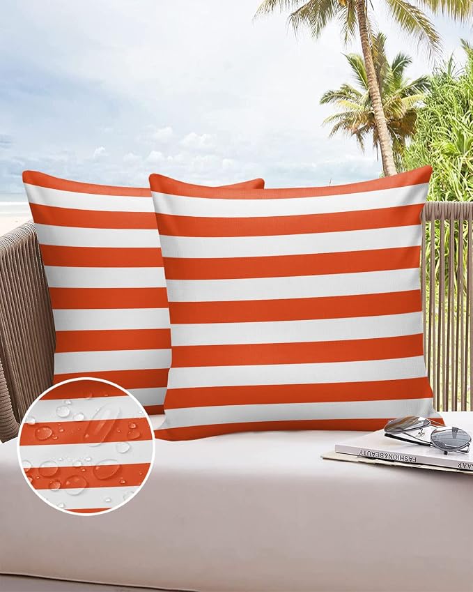 Outdoor Waterproof Pillow Covers for Patio Furniture Orange and White Stripes Decorative Throw Pillow Cover Solid Striped Pillowcases Set of 2 Cushion Case for Sofa Couch Chair 16 x 16 in
