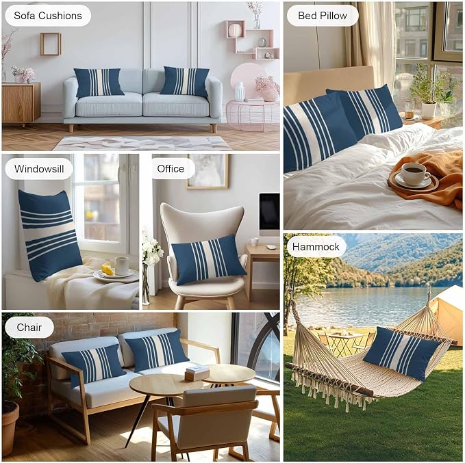 Navy Blue Beige Striped Outdoor Pillow Covers 20x12 Inch Lumbar Pillow Covers Set of 2 Waterproof Decorative Throw Pillow Cases Modern Farmhouse Retro Lines Cushion Covers for Patio Furniture Garden