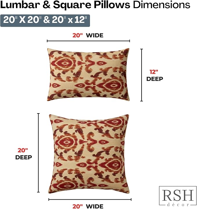 RSH DECOR: Sunbrella Lumbar & Square Pillows Set of 4 | 20" x 12" & 20" x 20" | Water and Fade-Resistant Performance Fabric | Outdoor Throw Pillows for Patio Furniture | Made in USA (Bukhara Russet)