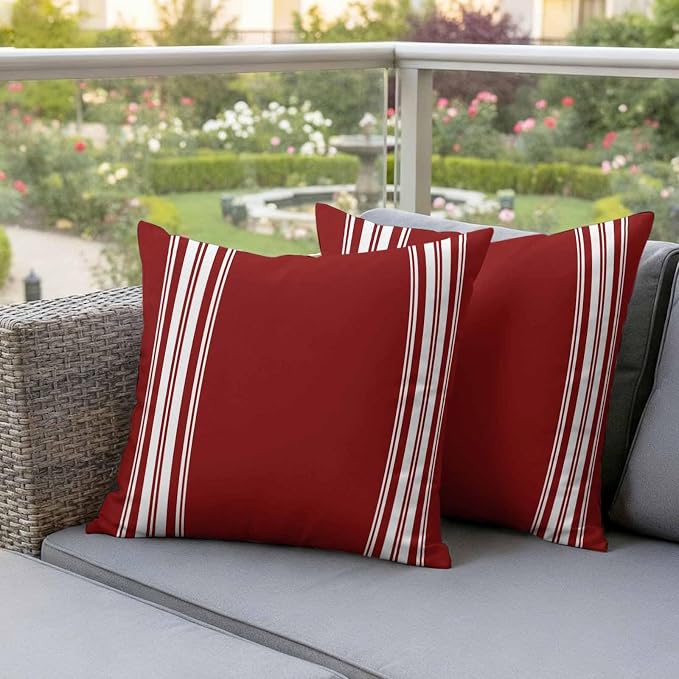 Outdoor Pillow Covers 20x20 Set of 2 Burgundy Red Stripe Outdoor Pillows Waterproof Throw Pillow Covers French Stripe Farmhouse Style Pillowcases Decorative Case for Patio Cushion