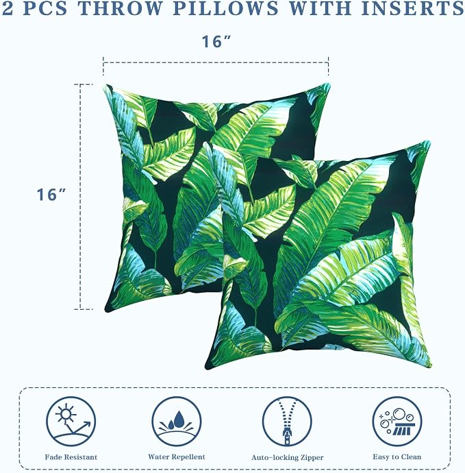 LVTXIII Outdoor Throw Pillows, Decorative Throw Pillows with Inserts, 16"x16" Square Pillows for Bed, Couch, Sofa and Patio Furniture, Set of 2, Hanalei Lagoon