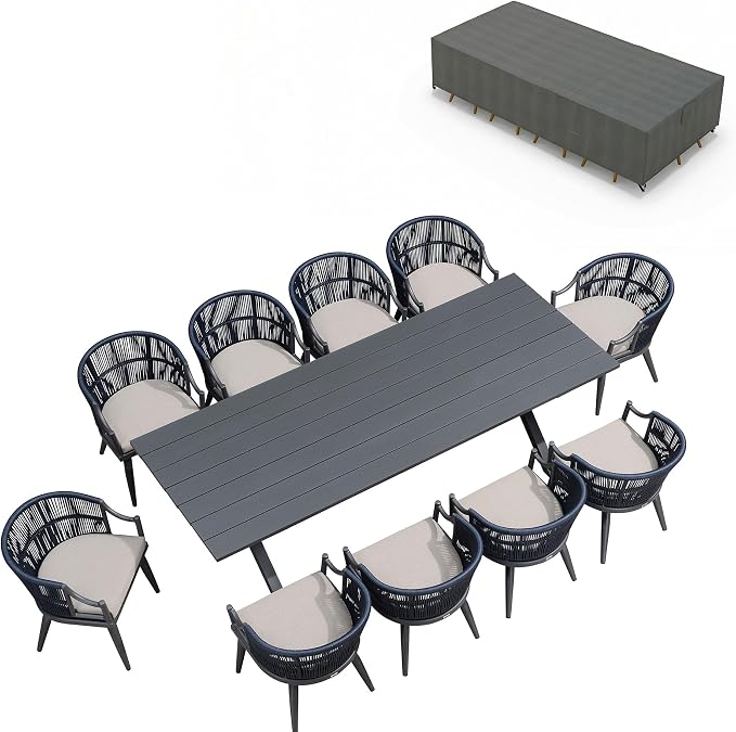 PURPLE LEAF Outdoor Dining Set for 10 with Waterproof Furniture Cover All Weather Patio Dining Set with Rectangular Aluminum Table and Wicker Dining Chairs for Garden Deck Backyard Kitchen, Grey