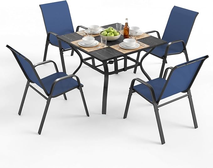 Outdoor Patio Dining Set for 4, 5 Pieces Patio Table and Chairs Set with Umbrella Hole, 37.8"x 37.8" Square Metal Wood-Grain Dining Table Set with 4 Stackable Patio Chairs for Deck , Backyard, Porch