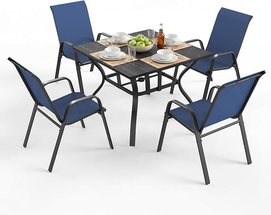 Outdoor Patio Dining Set for 4, 5 Pieces Patio Table and Chairs Set with Umbrella Hole, 37.8"x 37.8" Square Metal Wood-Grain Dining Table Set with 4 Stackable Patio Chairs for Deck , Backyard, Porch