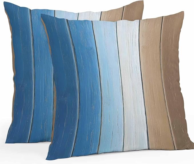 Throw Pillow Covers 18x18 Inch Set of 2, Blue Brown Waterproof Outdoor Cushion Covers, Gradient Wood Grain Farmhouse Country Decorative Pillowcases for Couch, Sofa, Bed, Garden, Patio