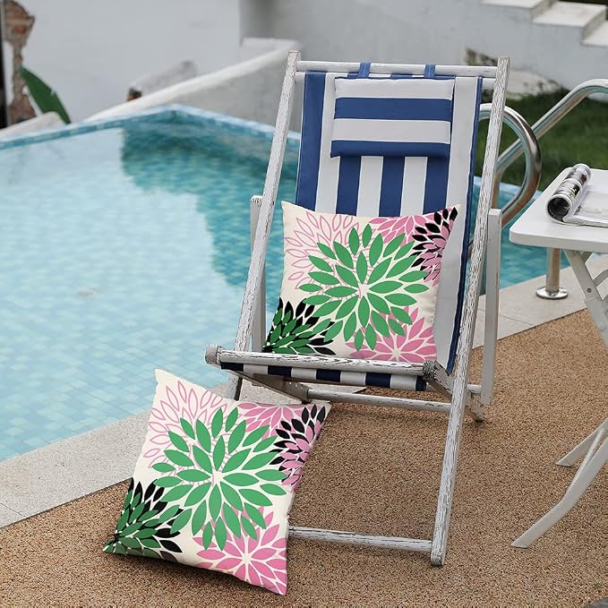 DFXSZ Outdoor Waterproof Pillow Covers 16x16 Set of 2 Green Pink Flower | Spring Summer Waterproof Flower Throw Pillowcases（No Inserts）Decor for Valentines Patio Funiture Garden Polyester Covers